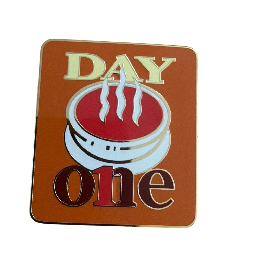 Day One Steaming Soup Bowl Enamel Pin Orange Gold Tone Square Lapel Pin